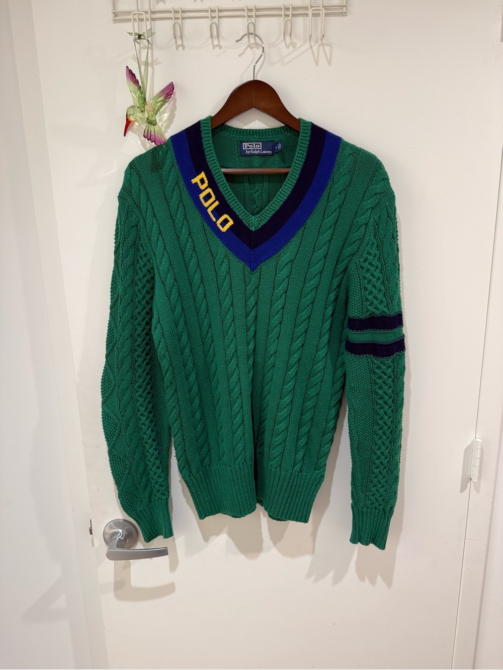 Polo Ralph Lauren Green Cable-Knit Cotton Cricket Sweater